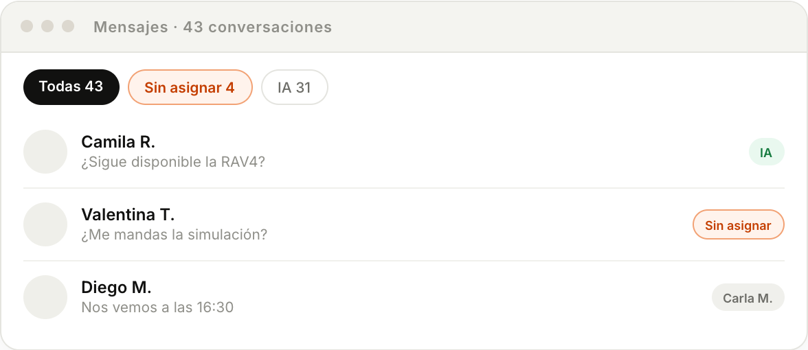 Bandeja de entrada de AccrueFlow con conversaciones de WhatsApp, Instagram y web unificadas y filtros por estado